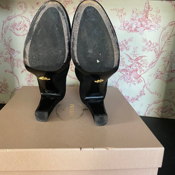 Prada Buckle-Strap Ankle Boots Black Suede Size 39 High Heel Booties - Picture 5 of 7